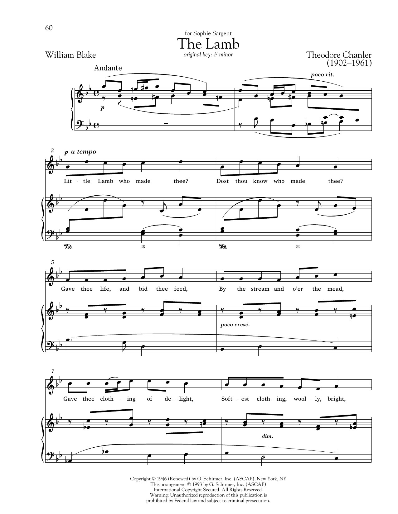 Theodore Chanler The Lamb Sheet Music Notes & Chords for Piano & Vocal - Download or Print PDF