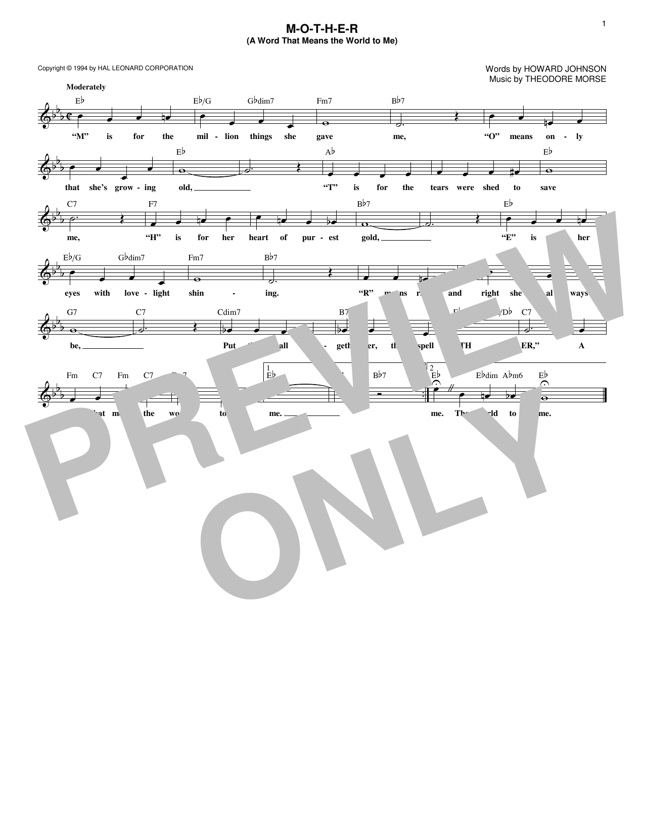 Theodore F. Morse M-O-T-H-E-R (A Word That Means The World To Me) Sheet Music Notes & Chords for Melody Line, Lyrics & Chords - Download or Print PDF Theodore F. Morse M-O-T-H-E-R (A Word That Means The World To Me) Sheet Music Notes & Chords for Melody Line, Lyrics & Chords - Download or Print PDF