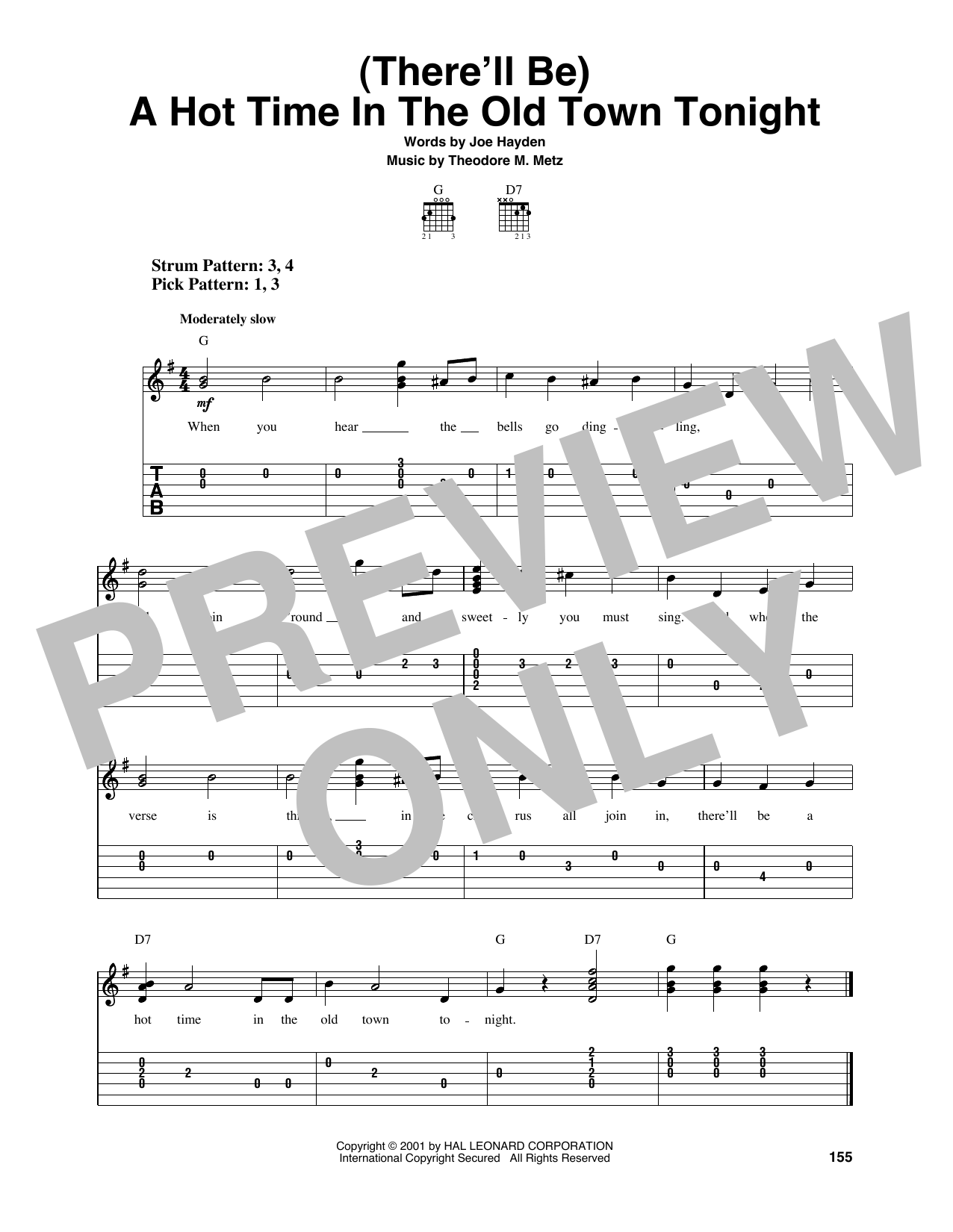 Theodore M. Metz (There'll Be) A Hot Time In The Old Town Tonight Sheet Music Notes & Chords for Easy Guitar Tab - Download or Print PDF