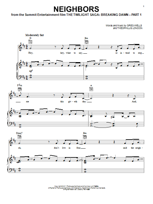 Theophilus London Neighbors Sheet Music Notes & Chords for Piano, Vocal & Guitar (Right-Hand Melody) - Download or Print PDF