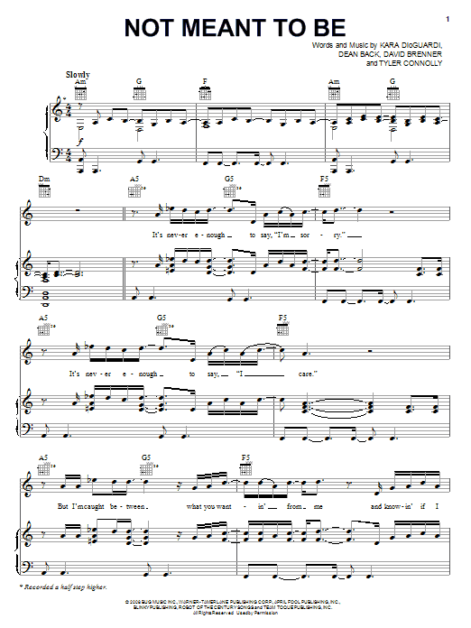 Theory Of A Deadman Not Meant To Be Sheet Music Notes & Chords for Piano, Vocal & Guitar (Right-Hand Melody) - Download or Print PDF