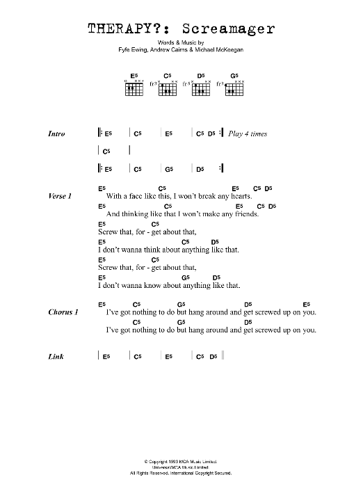 Therapy? Screamager Sheet Music Notes & Chords for Lyrics & Chords - Download or Print PDF