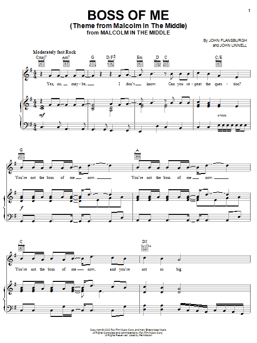 They Might Be Giants Boss Of Me (Theme From Malcolm In The Middle) Sheet Music Notes & Chords for Piano, Vocal & Guitar (Right-Hand Melody) - Download or Print PDF