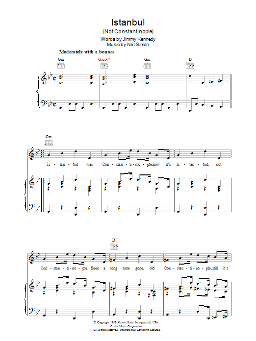 Frankie Vaughan Istanbul (Not Constantinople) Sheet Music Notes & Chords for Piano, Vocal & Guitar (Right-Hand Melody) - Download or Print PDF