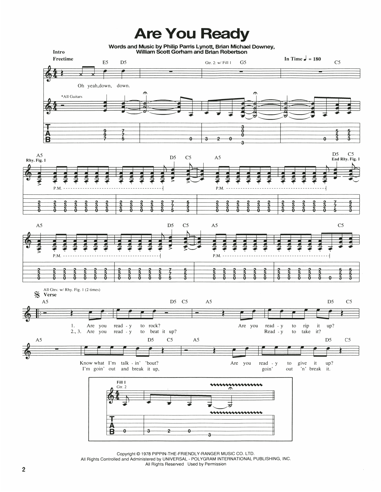 Thin Lizzy Are You Ready Sheet Music Notes & Chords for Guitar Tab - Download or Print PDF