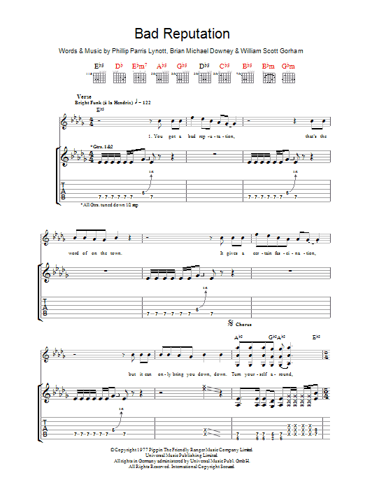 Thin Lizzy Bad Reputation Sheet Music Notes & Chords for Guitar Tab - Download or Print PDF