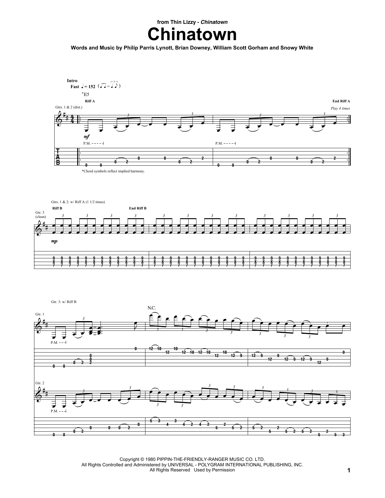 Thin Lizzy Chinatown Sheet Music Notes & Chords for Guitar Tab - Download or Print PDF