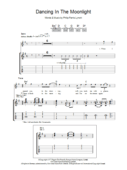 Thin Lizzy Dancing In The Moonlight Sheet Music Notes & Chords for Lyrics & Chords - Download or Print PDF