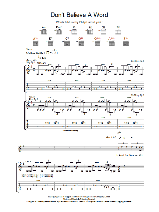 Thin Lizzy Don't Believe A Word Sheet Music Notes & Chords for Guitar Tab - Download or Print PDF