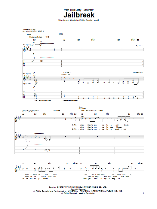 Thin Lizzy Jailbreak Sheet Music Notes & Chords for Piano, Vocal & Guitar (Right-Hand Melody) - Download or Print PDF