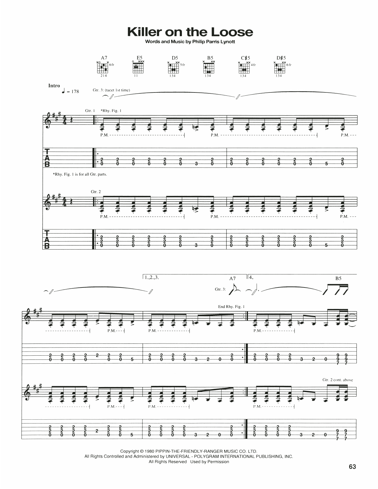Thin Lizzy Killer On The Loose Sheet Music Notes & Chords for Guitar Tab - Download or Print PDF