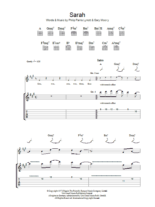 Thin Lizzy Sarah Sheet Music Notes & Chords for Guitar Tab - Download or Print PDF