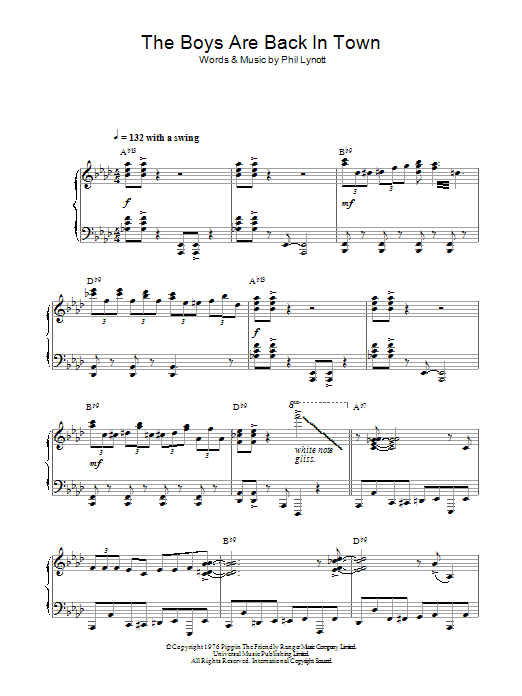Thin Lizzy The Boys Are Back In Town (Jazz Version) Sheet Music Notes & Chords for Piano - Download or Print PDF