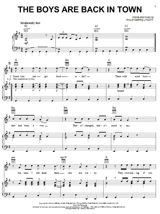 Thin Lizzy The Boys Are Back In Town Sheet Music Notes & Chords for Melody Line, Lyrics & Chords - Download or Print PDF