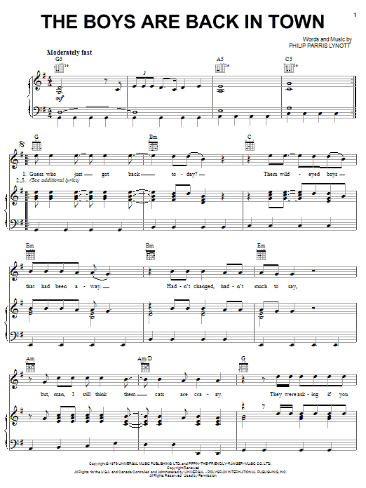 Thin Lizzy The Boys Are Back In Town sheet music notes and chords. Download Printable PDF.
