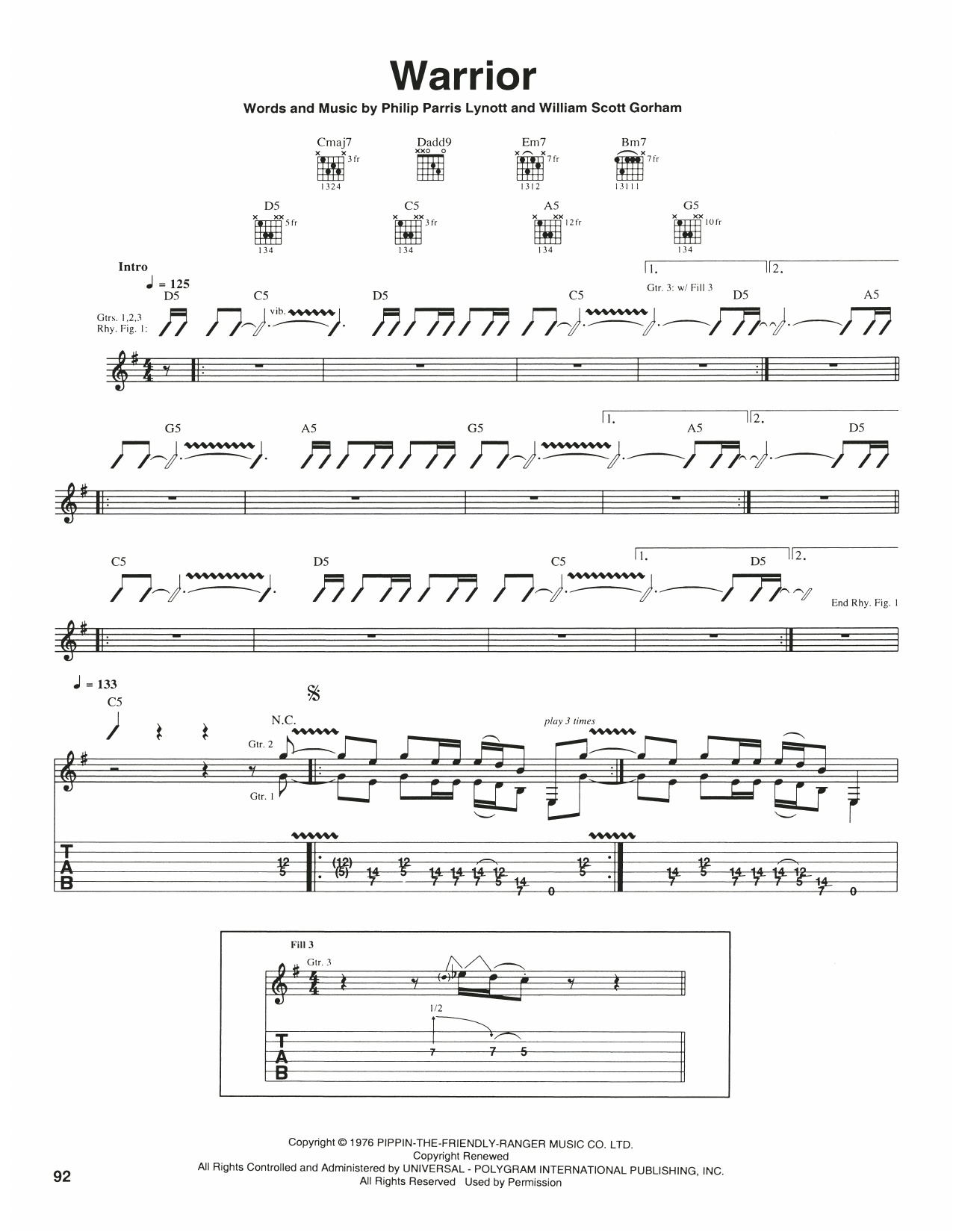 Thin Lizzy Warrior Sheet Music Notes & Chords for Guitar Tab - Download or Print PDF