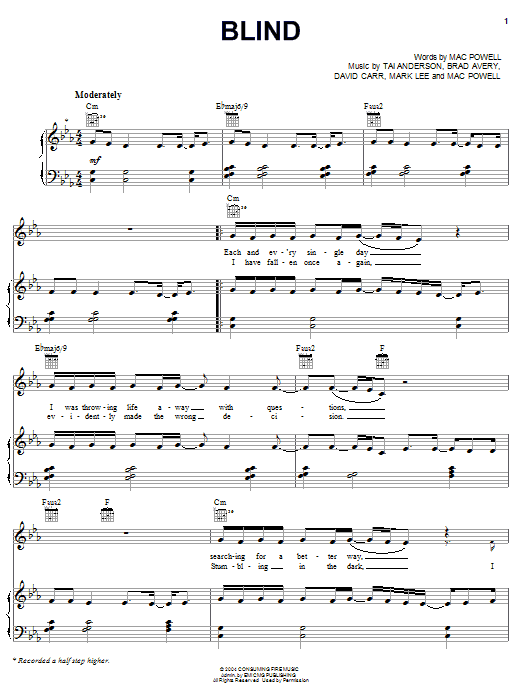 Third Day Blind Sheet Music Notes & Chords for Piano, Vocal & Guitar (Right-Hand Melody) - Download or Print PDF