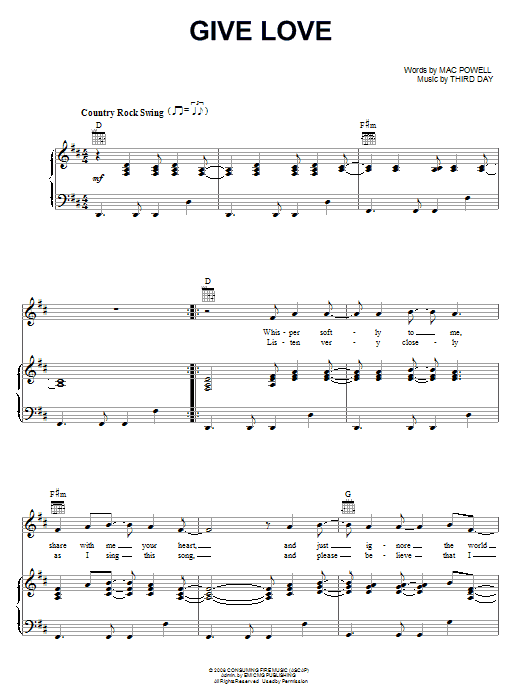 Third Day Give Love Sheet Music Notes & Chords for Piano, Vocal & Guitar (Right-Hand Melody) - Download or Print PDF Third Day Give Love Sheet Music Notes & Chords for Piano, Vocal & Guitar (Right-Hand Melody) - Download or Print PDF