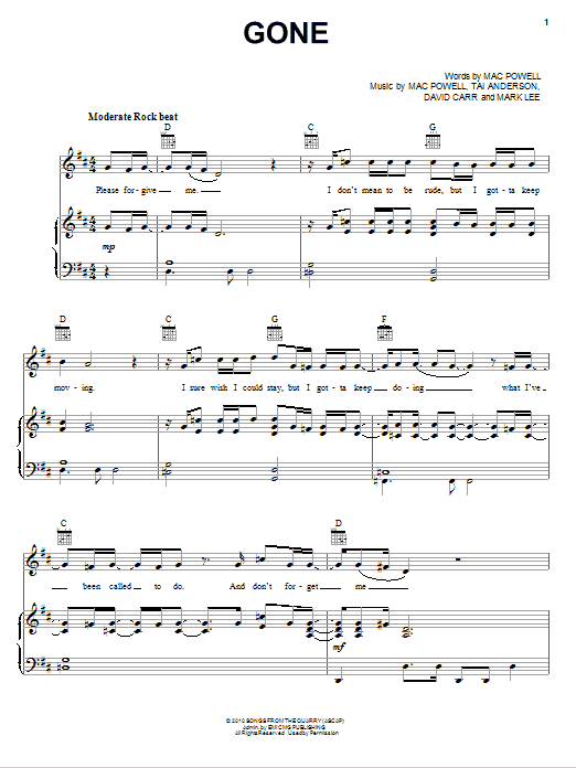 Third Day Gone Sheet Music Notes & Chords for Piano, Vocal & Guitar (Right-Hand Melody) - Download or Print PDF