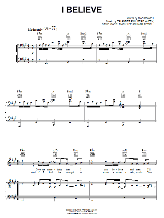 Third Day I Believe Sheet Music Notes & Chords for Piano, Vocal & Guitar (Right-Hand Melody) - Download or Print PDF