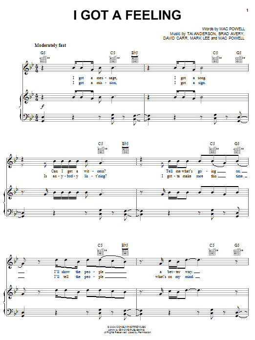 Third Day I Got A Feeling Sheet Music Notes & Chords for Piano, Vocal & Guitar (Right-Hand Melody) - Download or Print PDF