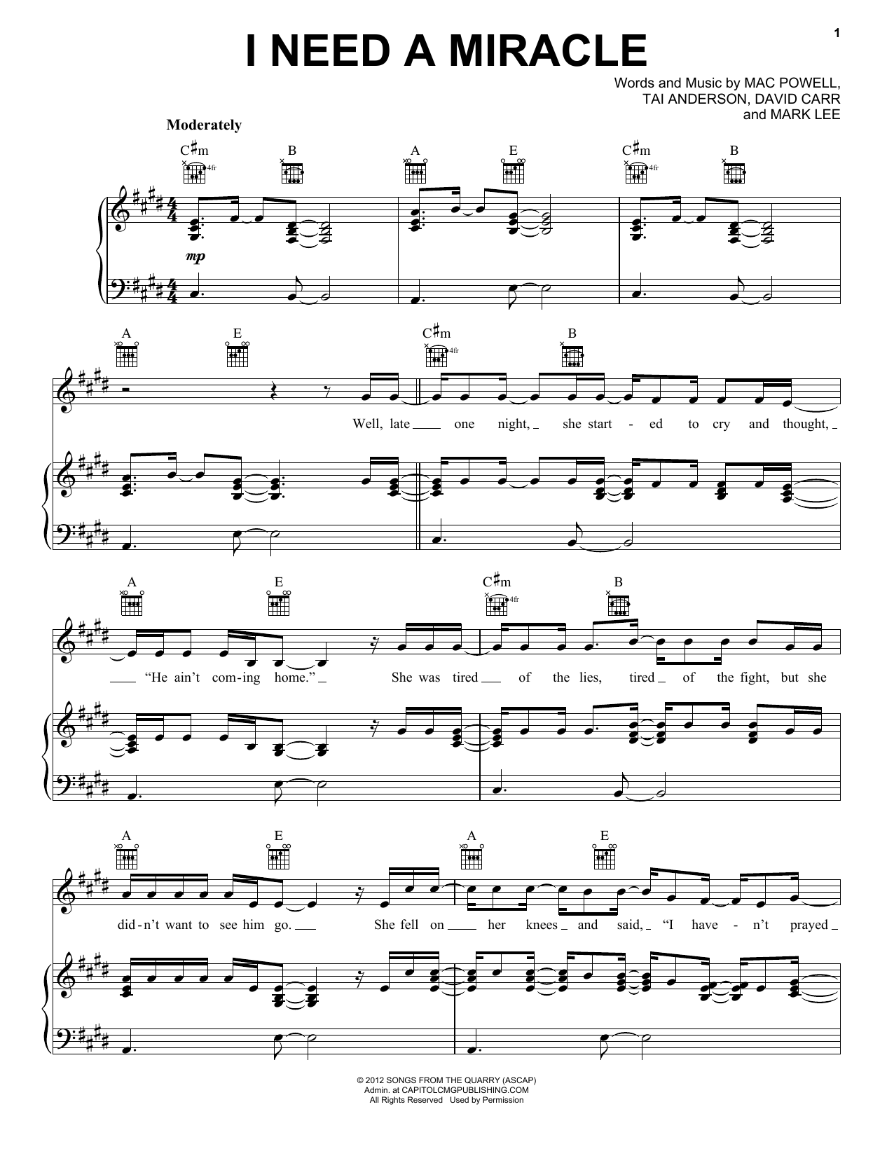 Third Day I Need A Miracle Sheet Music Notes & Chords for Piano, Vocal & Guitar (Right-Hand Melody) - Download or Print PDF