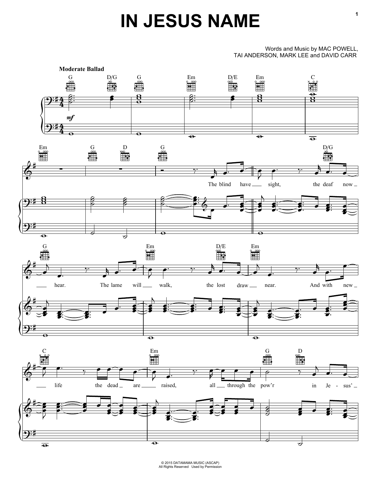 Third Day In Jesus Name Sheet Music Notes & Chords for Piano, Vocal & Guitar (Right-Hand Melody) - Download or Print PDF