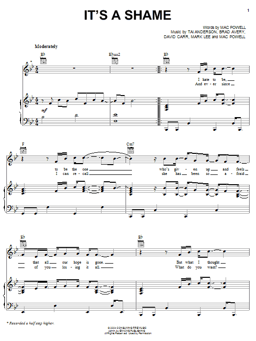 Third Day It's A Shame Sheet Music Notes & Chords for Piano, Vocal & Guitar (Right-Hand Melody) - Download or Print PDF