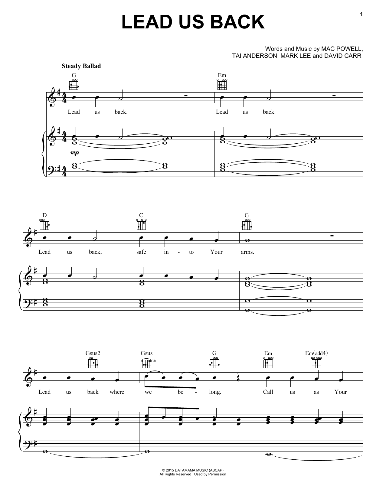 Third Day Lead Us Back Sheet Music Notes & Chords for Piano, Vocal & Guitar (Right-Hand Melody) - Download or Print PDF
