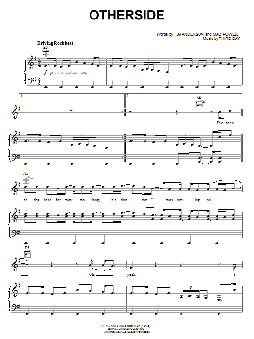 Third Day Otherside Sheet Music Notes & Chords for Piano, Vocal & Guitar (Right-Hand Melody) - Download or Print PDF
