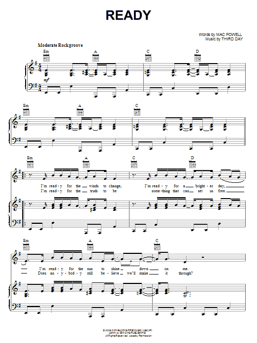 Third Day Ready Sheet Music Notes & Chords for Piano, Vocal & Guitar (Right-Hand Melody) - Download or Print PDF