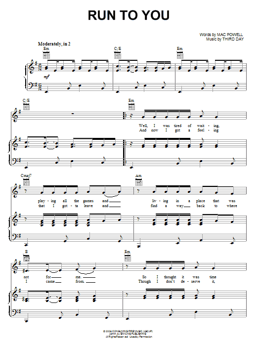 Third Day Run To You Sheet Music Notes & Chords for Piano, Vocal & Guitar (Right-Hand Melody) - Download or Print PDF