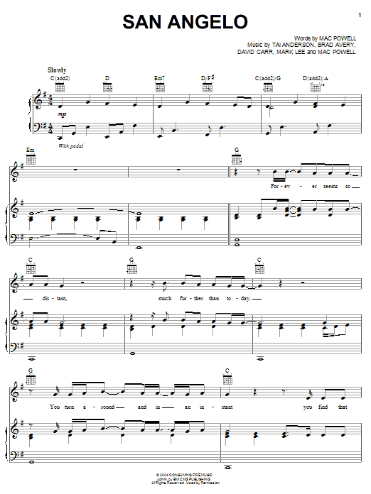 Third Day San Angelo Sheet Music Notes & Chords for Piano, Vocal & Guitar (Right-Hand Melody) - Download or Print PDF