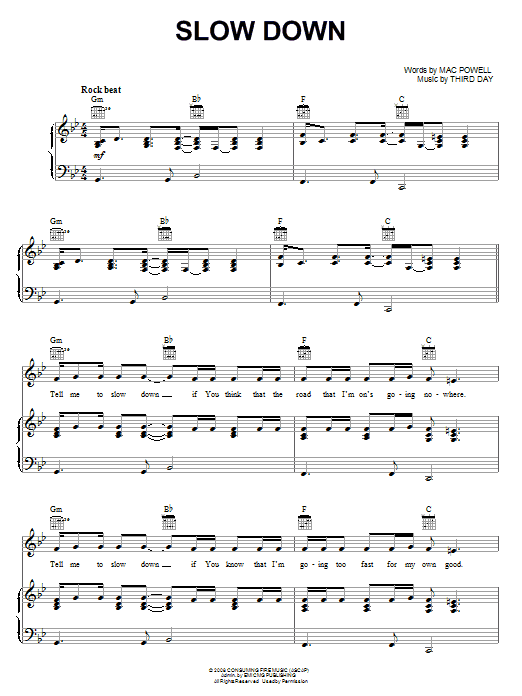 Third Day Slow Down Sheet Music Notes & Chords for Piano, Vocal & Guitar (Right-Hand Melody) - Download or Print PDF
