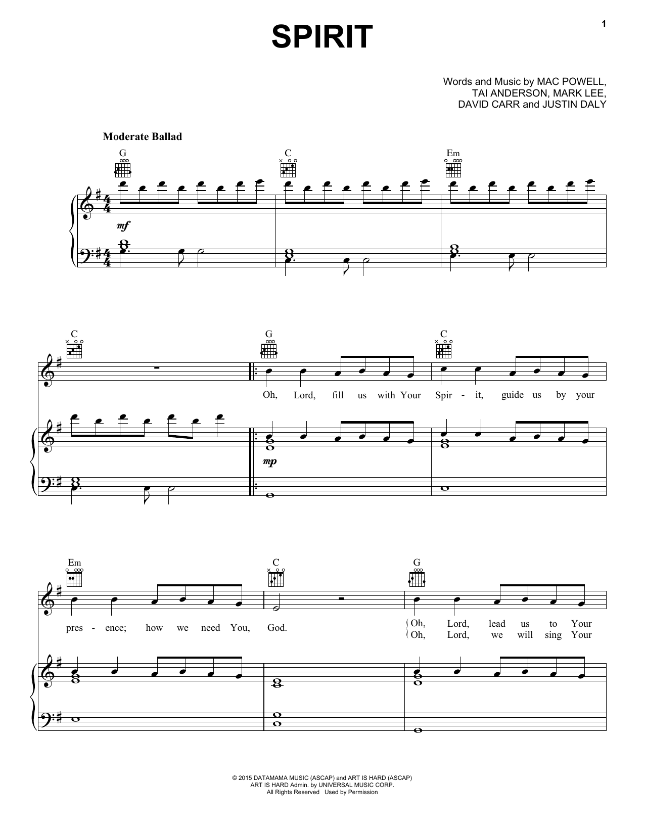 Third Day Spirit Sheet Music Notes & Chords for Piano, Vocal & Guitar (Right-Hand Melody) - Download or Print PDF