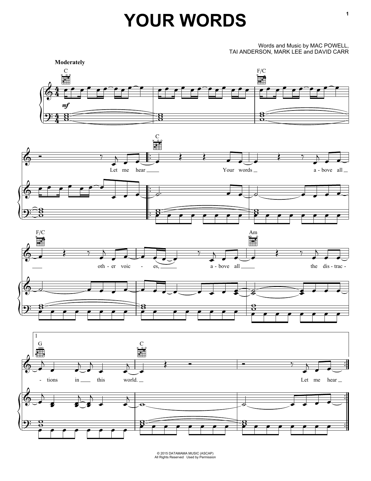 Third Day Your Words Sheet Music Notes & Chords for Piano, Vocal & Guitar (Right-Hand Melody) - Download or Print PDF