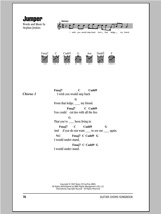 Third Eye Blind Jumper Sheet Music Notes & Chords for Piano, Vocal & Guitar (Right-Hand Melody) - Download or Print PDF