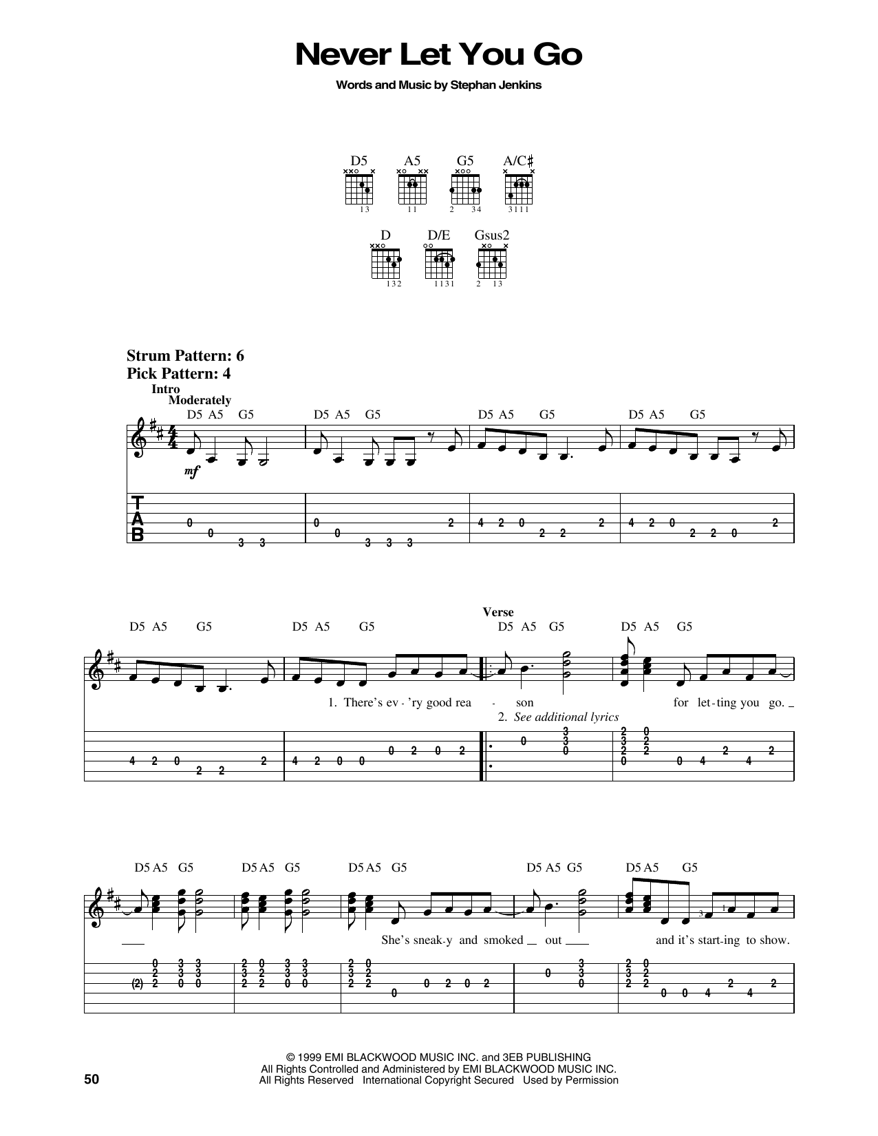 Third Eye Blind Never Let You Go Sheet Music Notes & Chords for Easy Guitar Tab - Download or Print PDF