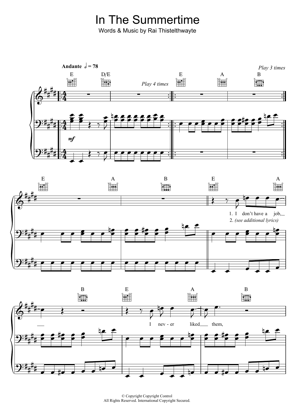 Thirsty Merc In The Summertime Sheet Music Notes & Chords for Piano, Vocal & Guitar - Download or Print PDF