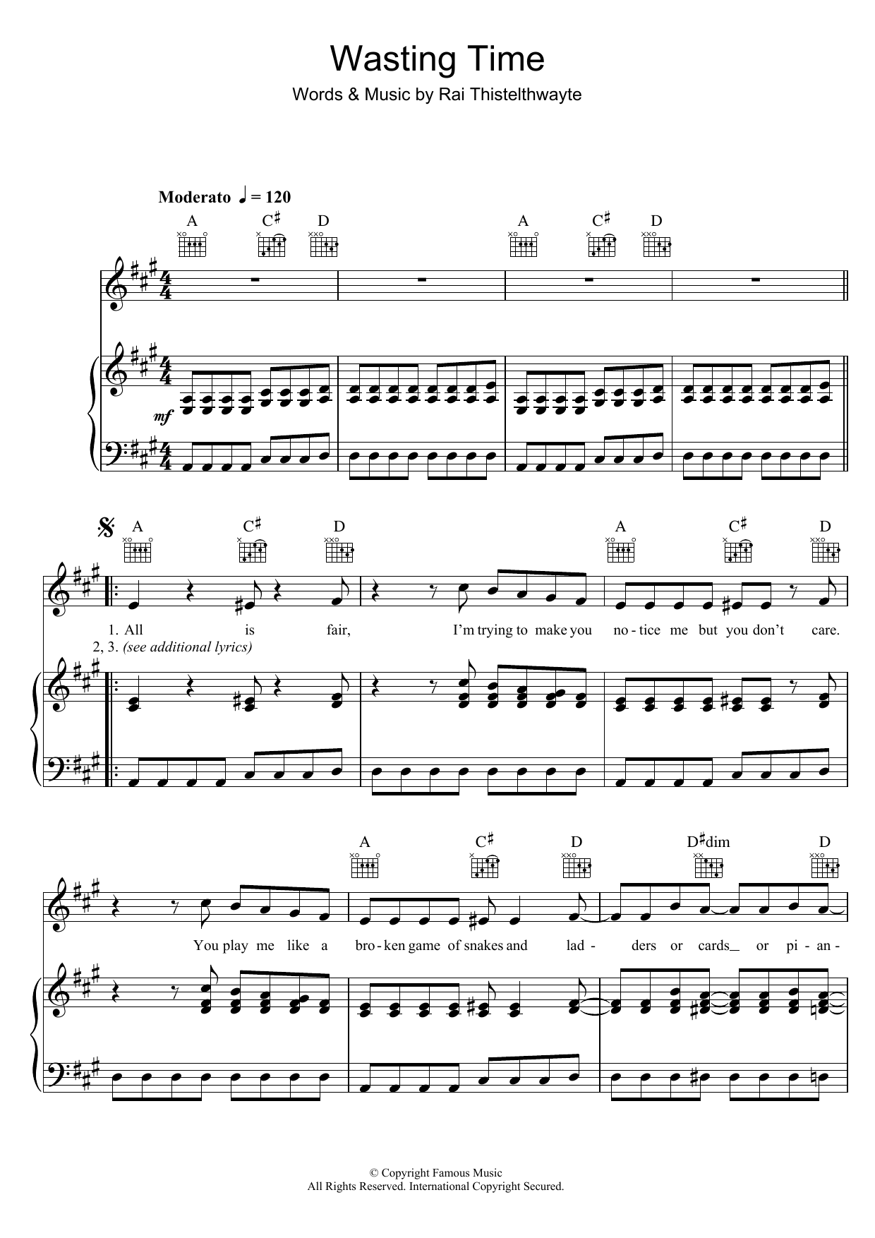 Thirsty Merc Wasting Time Sheet Music Notes & Chords for Piano, Vocal & Guitar (Right-Hand Melody) - Download or Print PDF