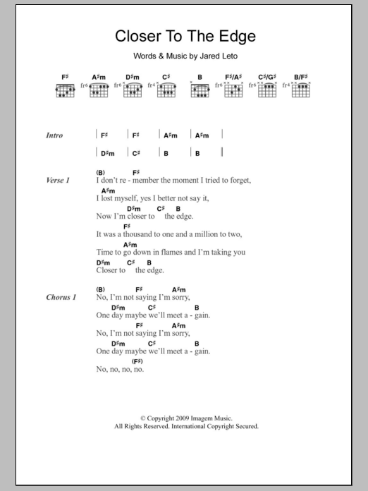 Thirty Seconds To Mars Closer To The Edge Sheet Music Notes & Chords for Lyrics & Chords - Download or Print PDF