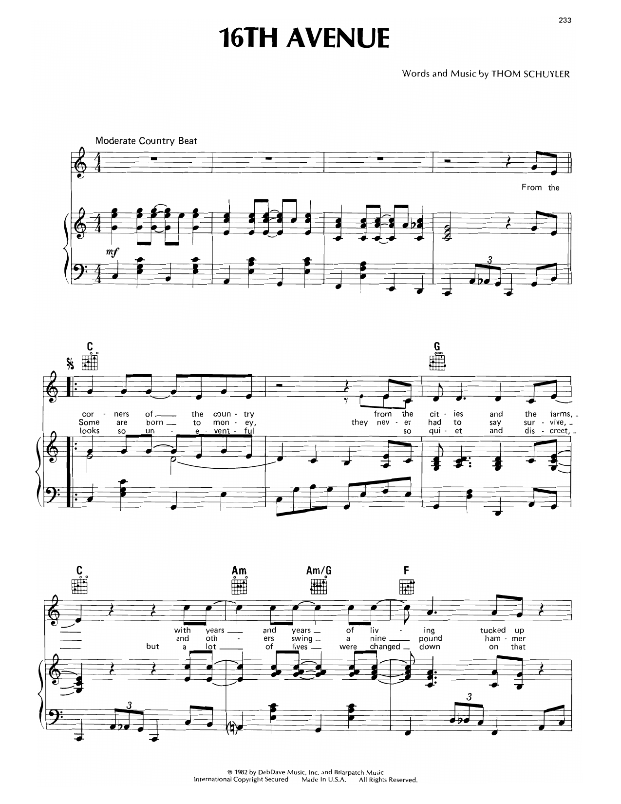 Thom Schuyler 16th Avenue Sheet Music Notes & Chords for Piano, Vocal & Guitar Chords (Right-Hand Melody) - Download or Print PDF