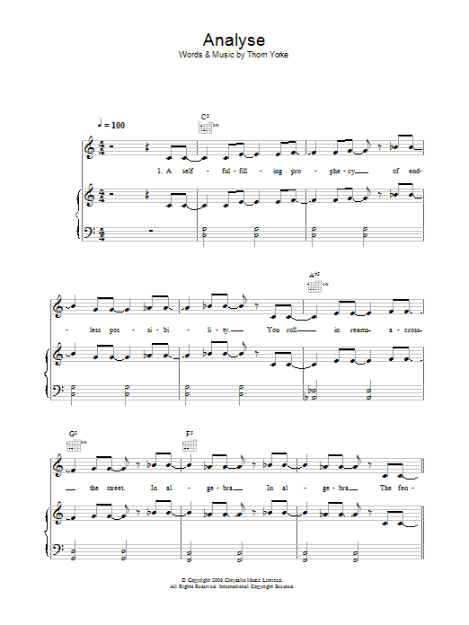 Thom Yorke Analyse Sheet Music Notes & Chords for Piano, Vocal & Guitar (Right-Hand Melody) - Download or Print PDF