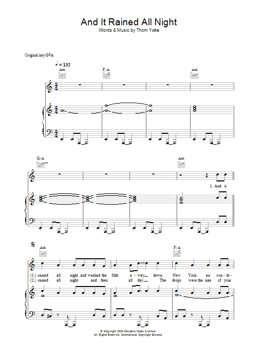 Thom Yorke And It Rained All Night Sheet Music Notes & Chords for Piano, Vocal & Guitar (Right-Hand Melody) - Download or Print PDF