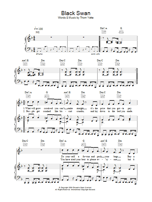 Thom Yorke Black Swan Sheet Music Notes & Chords for Piano, Vocal & Guitar (Right-Hand Melody) - Download or Print PDF Thom Yorke Black Swan Sheet Music Notes & Chords for Piano, Vocal & Guitar (Right-Hand Melody) - Download or Print PDF