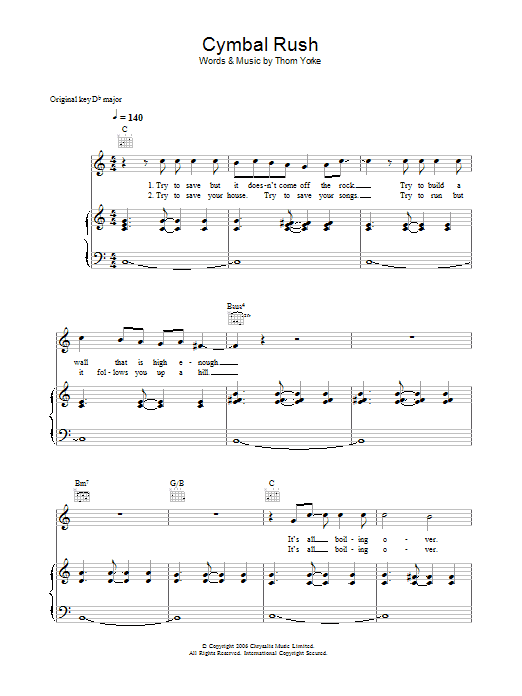 Thom Yorke Cymbal Rush Sheet Music Notes & Chords for Piano, Vocal & Guitar - Download or Print PDF