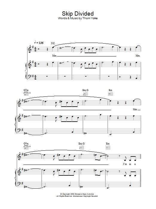 Thom Yorke Skip Divided Sheet Music Notes & Chords for Piano, Vocal & Guitar (Right-Hand Melody) - Download or Print PDF