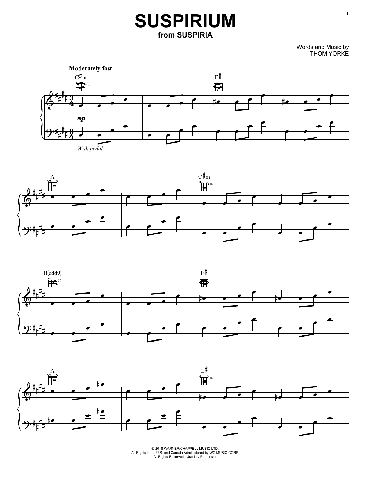 Thom Yorke Suspirium Sheet Music Notes & Chords for Piano, Vocal & Guitar (Right-Hand Melody) - Download or Print PDF