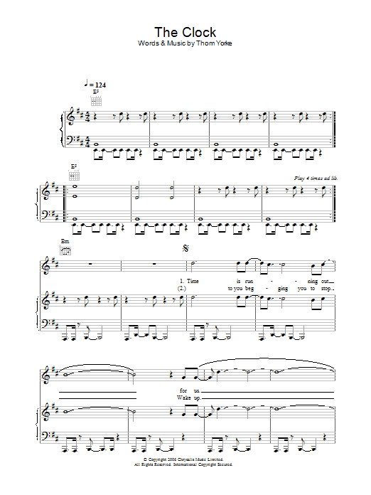 Thom Yorke The Clock Sheet Music Notes & Chords for Piano, Vocal & Guitar (Right-Hand Melody) - Download or Print PDF