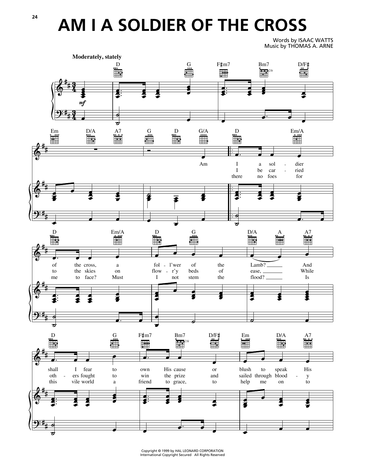 Thomas A. Arne Am I A Soldier Of The Cross Sheet Music Notes & Chords for Piano, Vocal & Guitar Chords (Right-Hand Melody) - Download or Print PDF